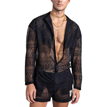 Riolio men summer outfits Hollow Out Sexy Lace Suit Fashion Long Sleeve Shirt Casual Shorts Men'S Clothing Suit Solid Color Matching Summer Suit For Male
